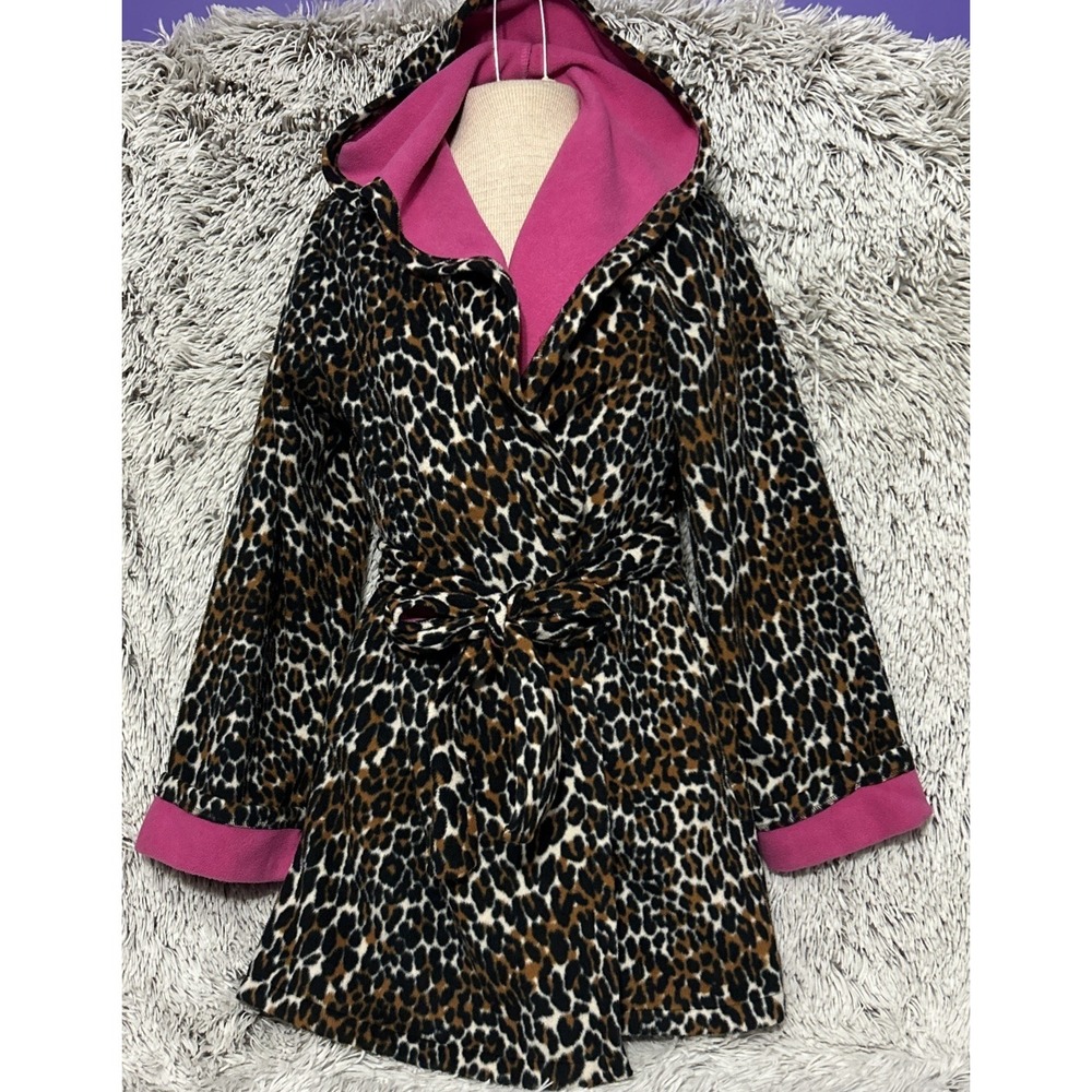 Betsey Johnson Hooded Fleece Robe Small Brown Black‎ Pink Leopard Print Lounge